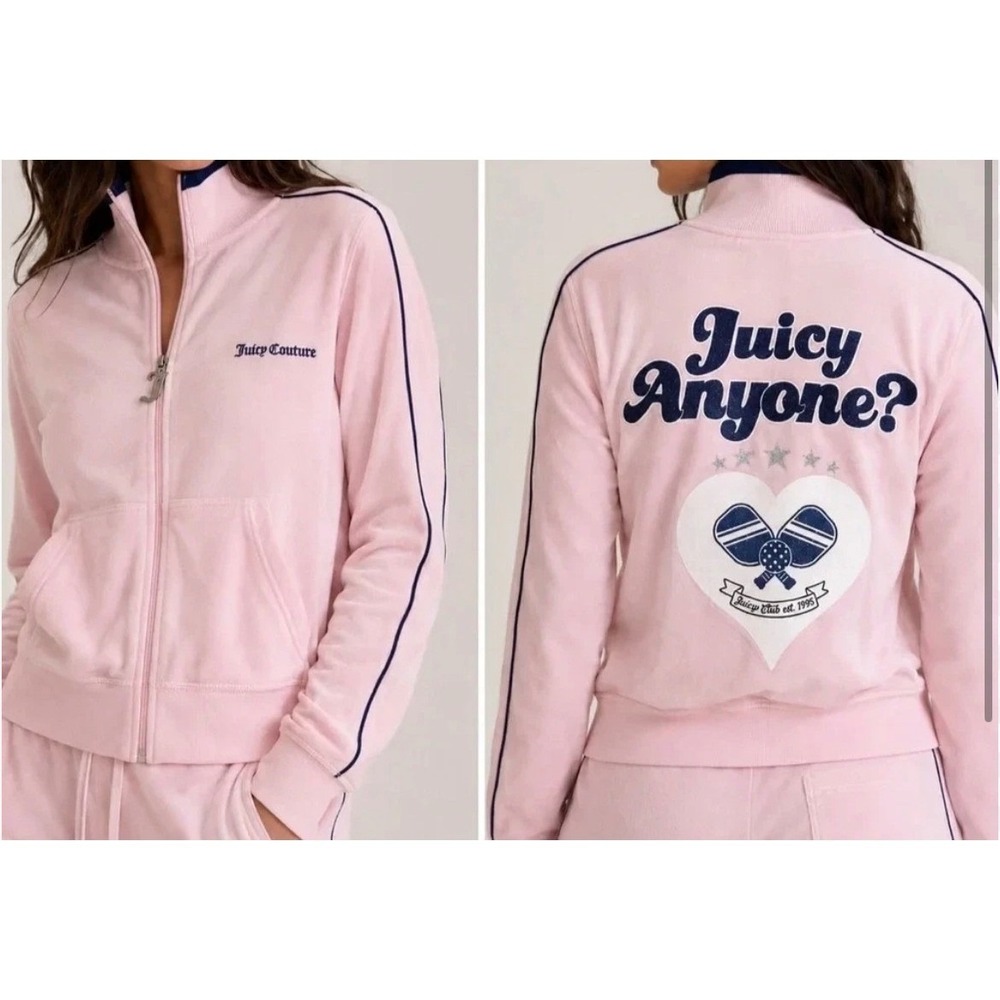 Juicy Couture Track Jacket Womens L Pink Pickleball Graphic Velour Y2K Zip Up